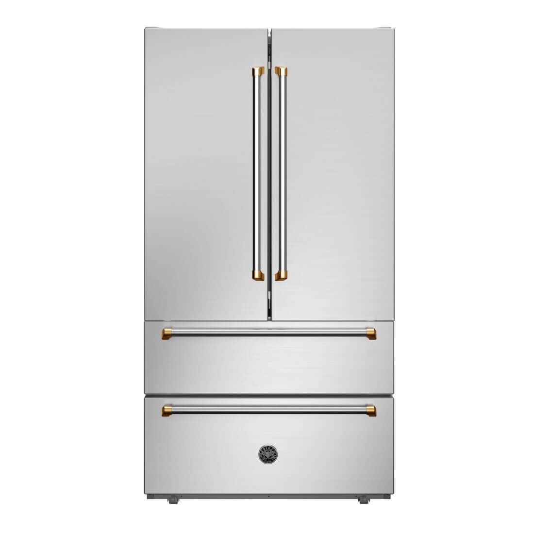 Refrigerador Bertazzoni Master French Door 636 litros na cor inox com puxadores banhados a ouro e design sofisticado.