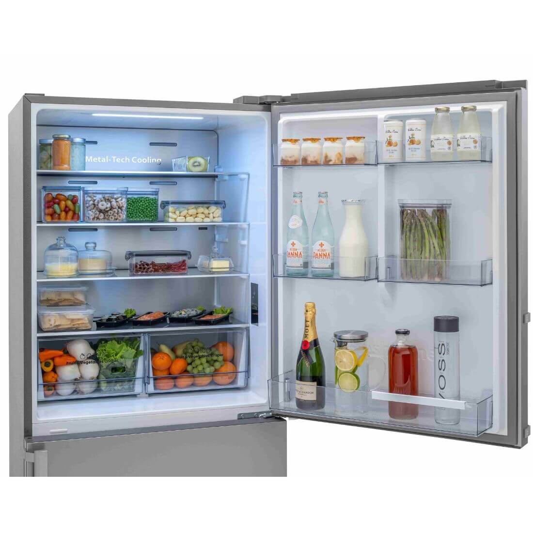 Interior of a Bertazzoni Professional Bottom Freezer refrigerator, showcasing fresh food and beverages.
