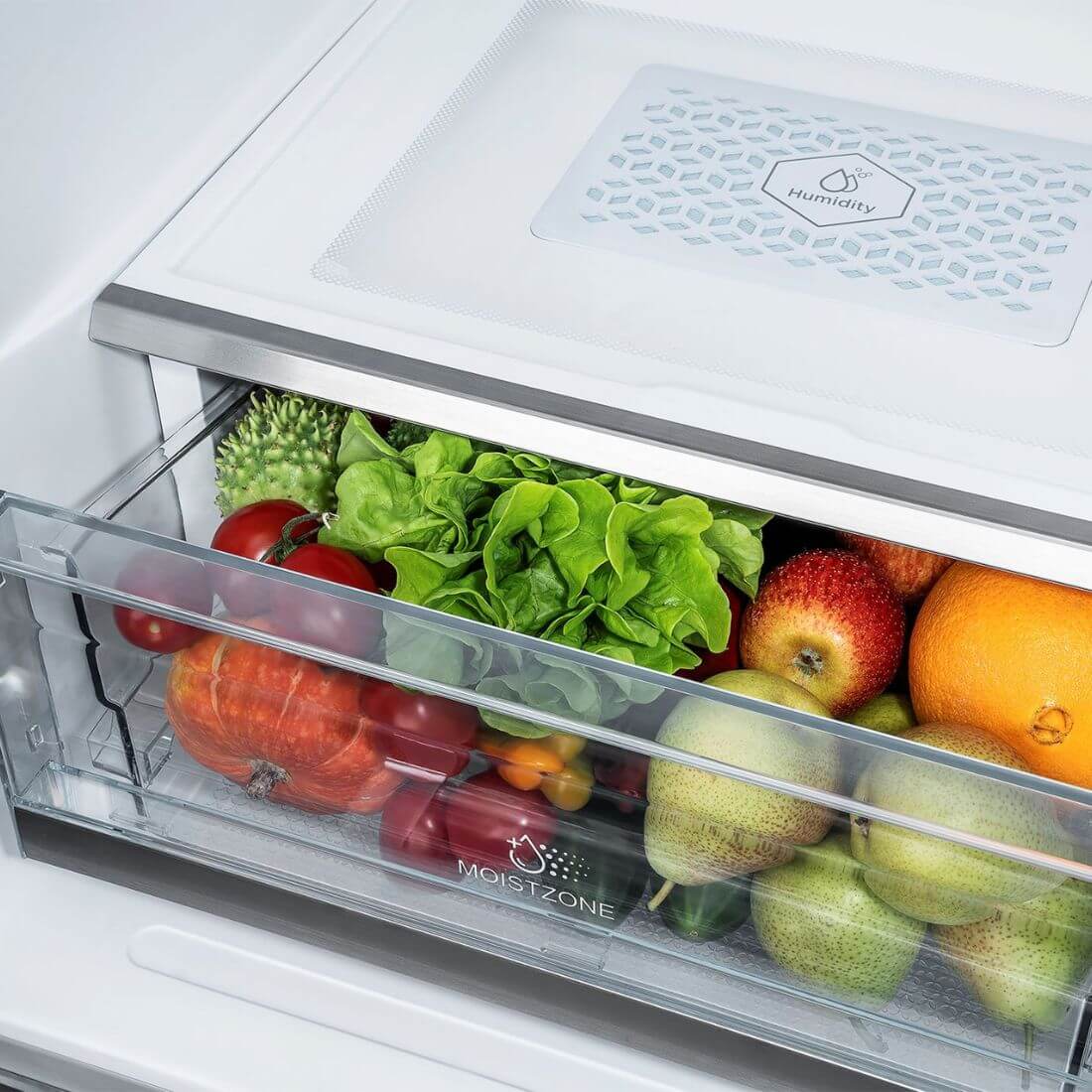 Gaveta umidade do refrigerador Tecno Professional, com variedade de frutas e legumes frescos.