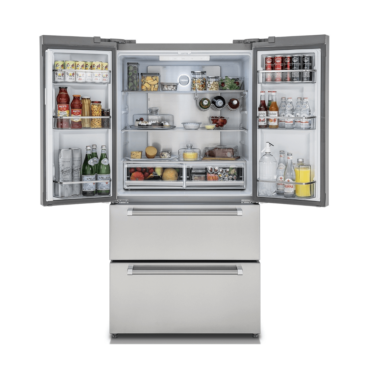 Refrigerador Tecno Professional French Door 571L inox com interior amplo e iluminação LED.