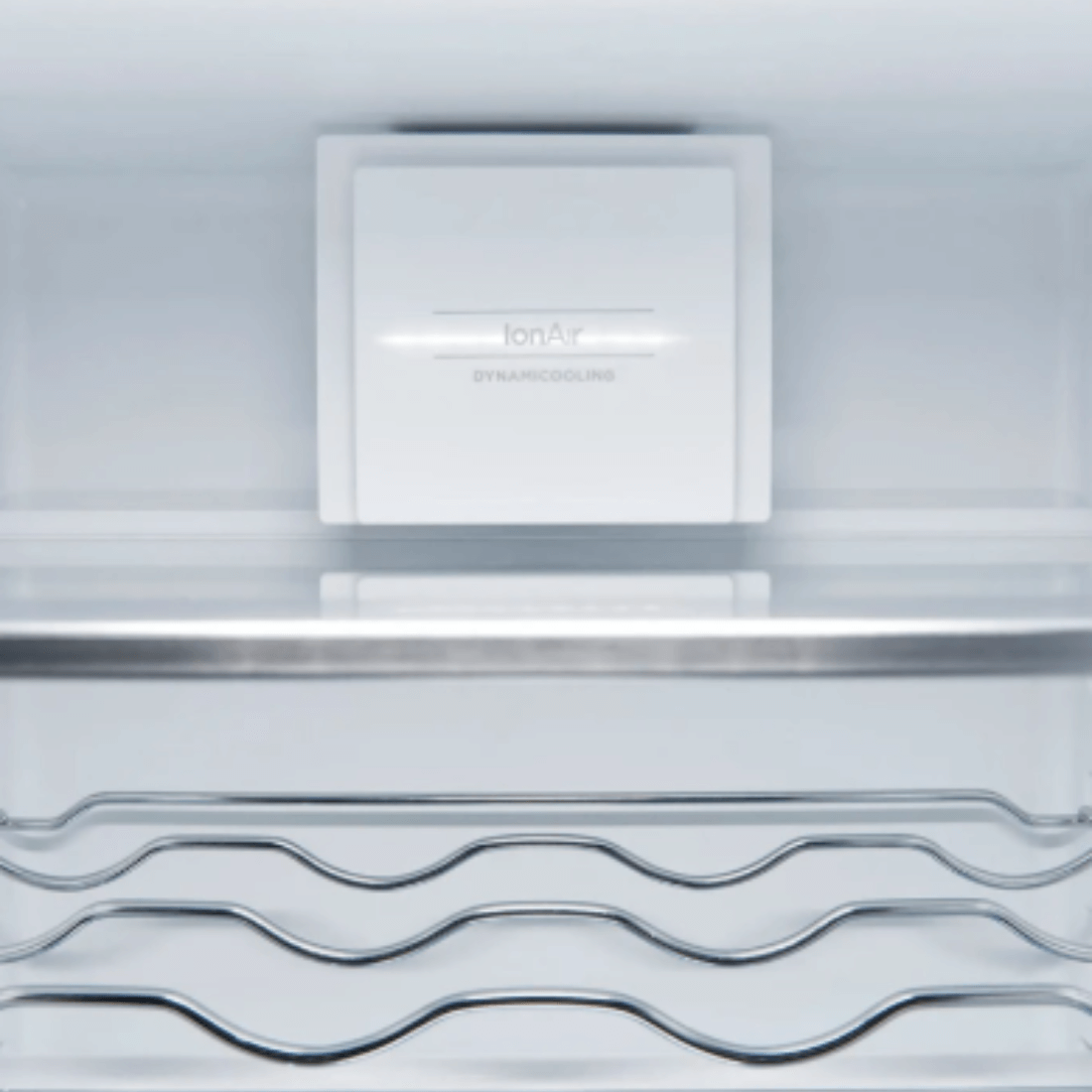 Interior do refrigerador Gorenje com sistema IonAir para resfriamento dinâmico e prateleiras em aço inox.