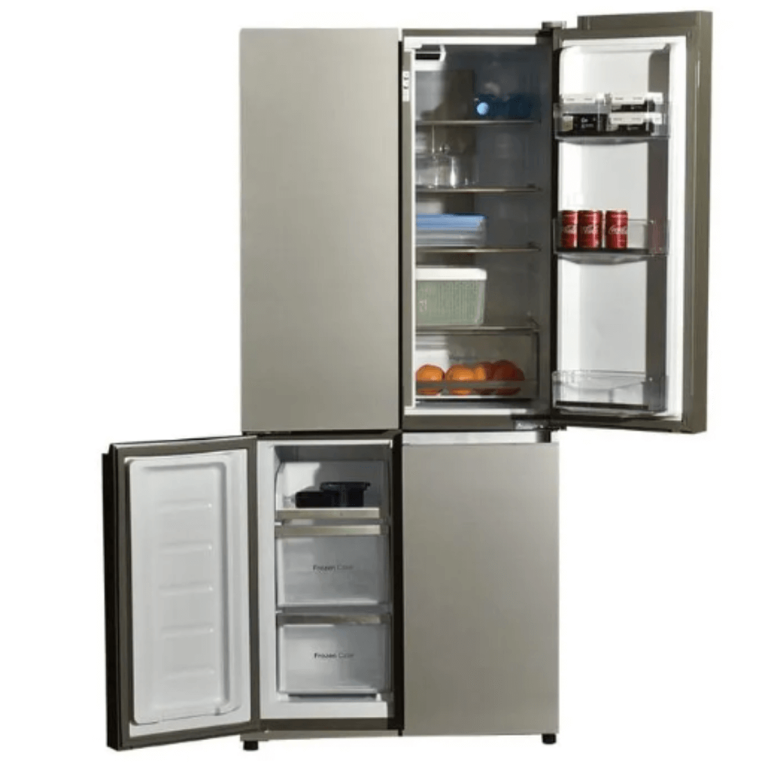 Refrigerador Cuisinart Arkton Multi Door 518 Litros Vidro 84cm com portas abertas, mostrando interior moderno e organizado.