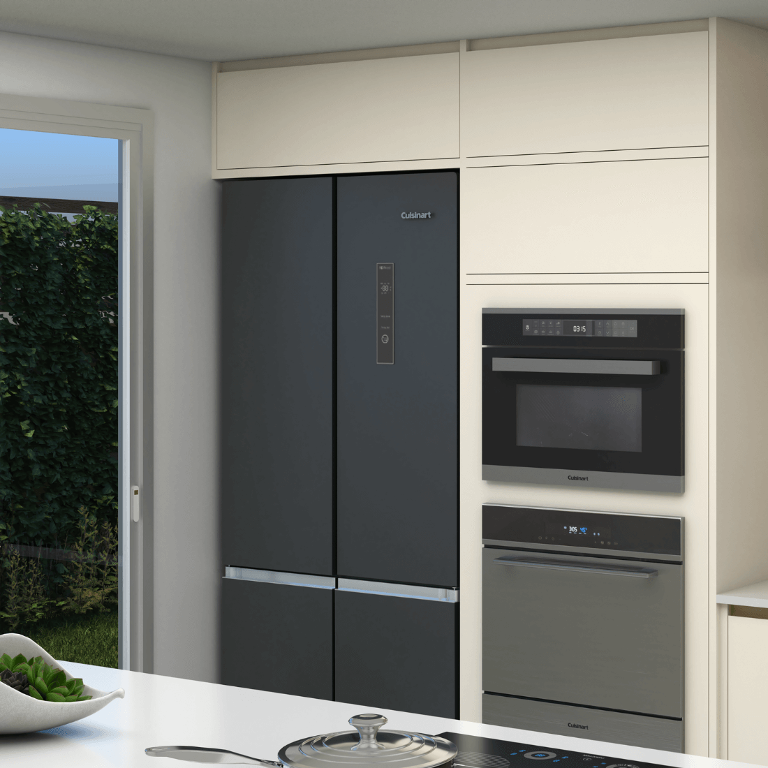 Refrigerador Cuisinart Arkton Multi Door 518 Litros Black 84cm em cozinha moderna com armários planejados.