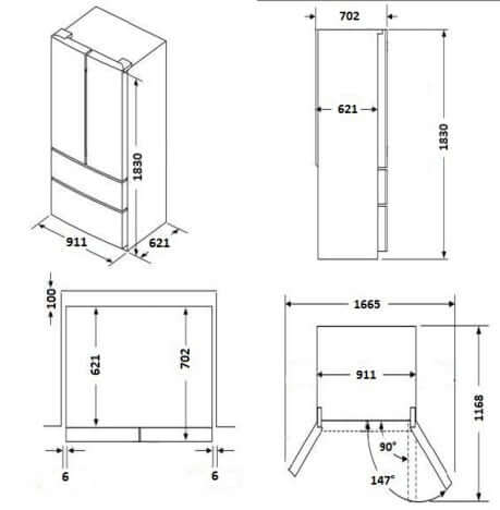 Desenho técnico refrigerador Tecno Professional French Door com dimensões detalhadas e medidas.