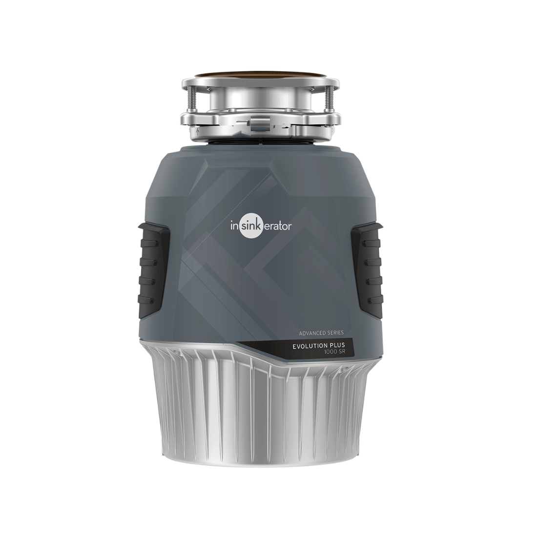 Triturador de Alimentos InSink Erator Plus 1000 SR em ângulo frontal com acabamento cinza e aço para pia