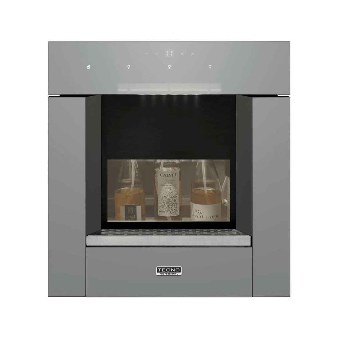 Dispenser de vinhos Tecno Professional inox para 3 garrafas, embutido, com painel de controle e iluminação.