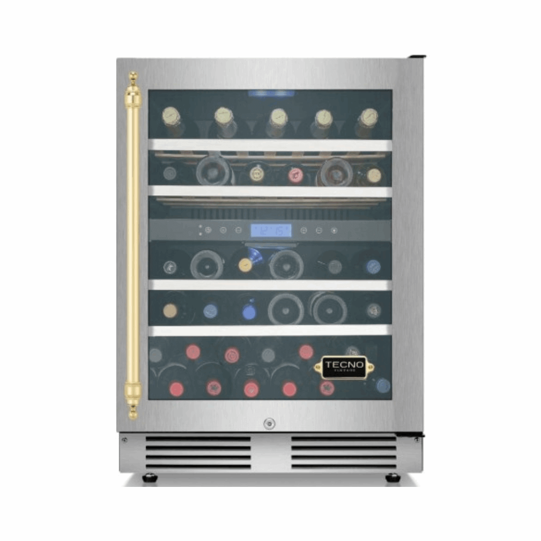 Adega Tecno Vintage 43 Garrafas Inox 60cm - Abertura Direita: adega de vinho inox 43 garrafas com puxador dourado e porta de vidro