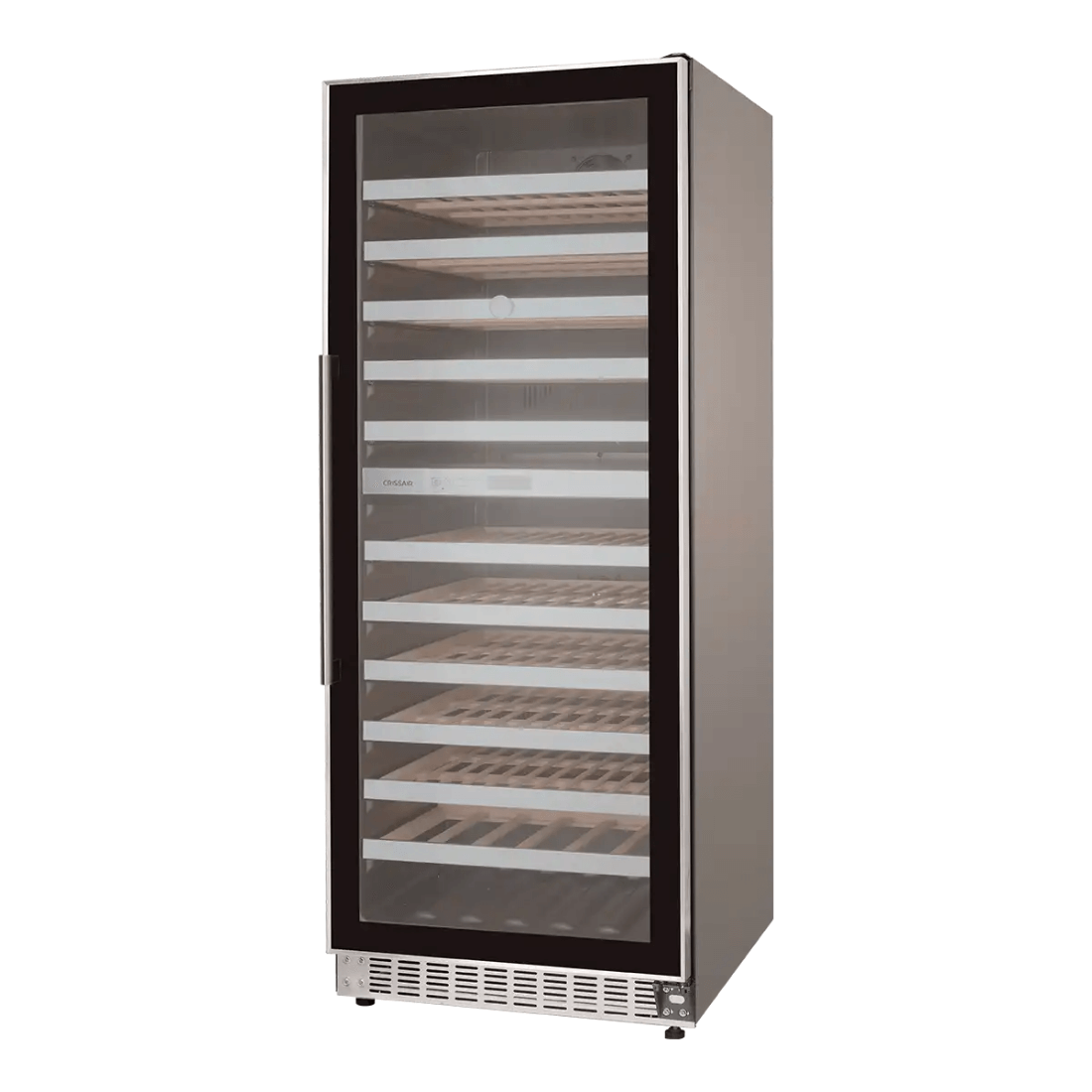 Adega de vinhos dual zone com capacidade para 122 garrafas, acabamento em vidro preto e aço inox.