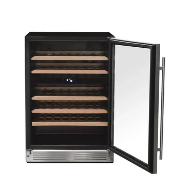 Adega de vinhos Cuisinart embutir com portas de vidro, 44 garrafas, design moderno e prateleiras de madeira.