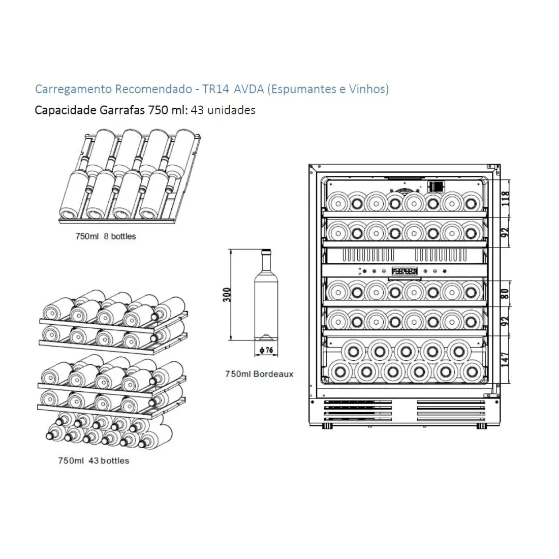 Desenho técnico da adega de vinhos Tecno Professional, capacidade para 43 garrafas de 750ml.