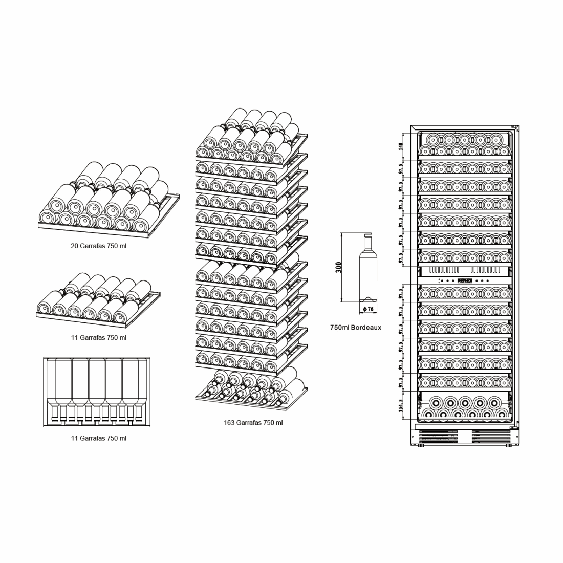 Adega de Vinhos Vintage de Embutir 151 Garrafas 2 Zonas 220V — Abertura para Direita