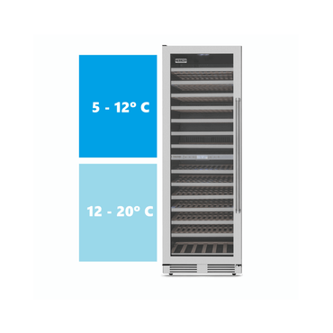 Adega de vinhos Tecno Professional com duas zonas de temperatura de 5-12ºC e 12-20ºC para melhor conservação.