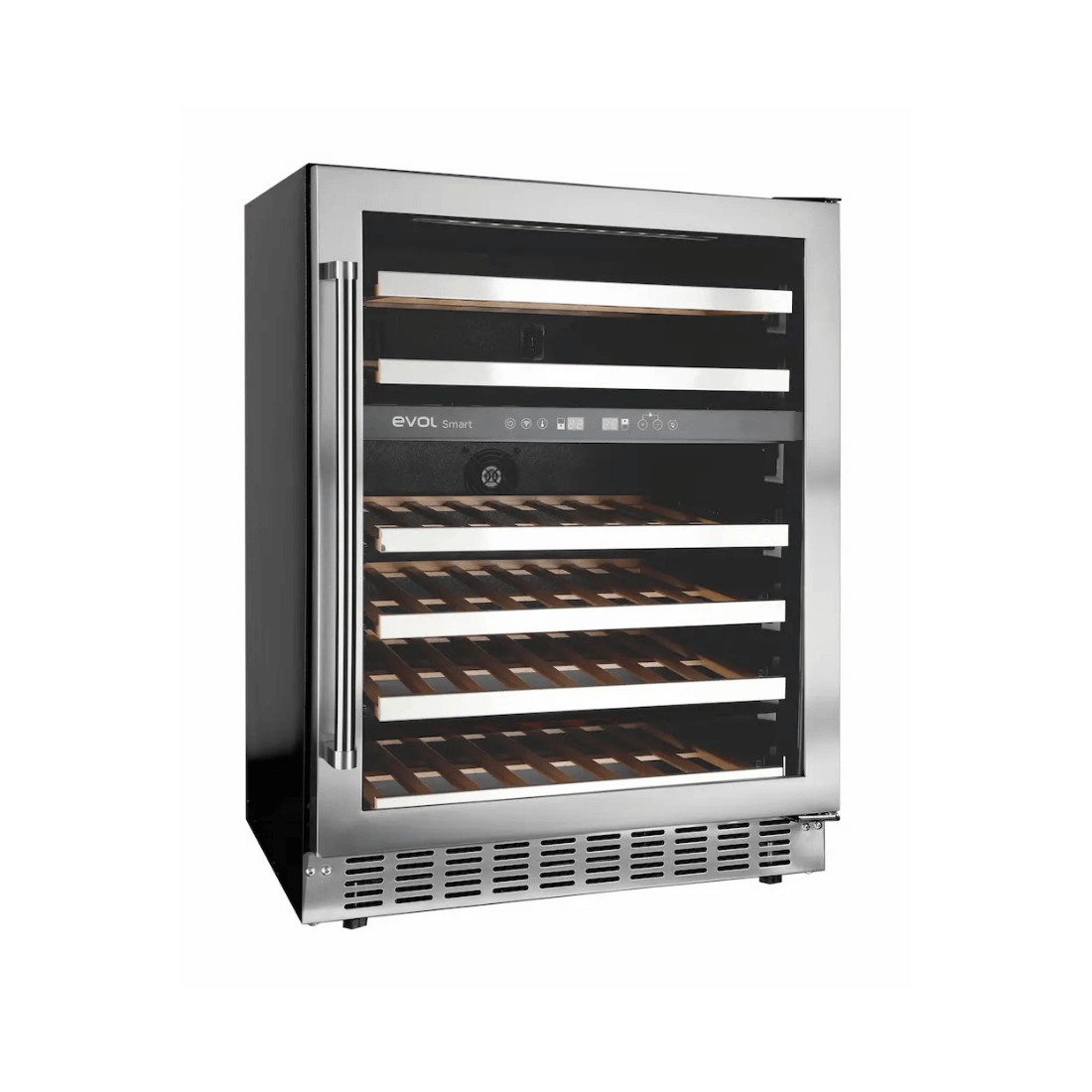 Adega Evol 46 Garrafas Smart Inox 60cm - Abertura Direita com acabamento inox, prateleiras em madeira e porta de vidro, adega climatizada