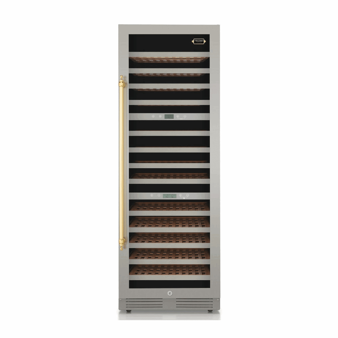 Adega Tecno Vintage 141 Garrafas 3 Zonas 60cm - Abertura Direita: adega climatizada inox 141 garrafas com prateleiras de madeira e puxador dourado