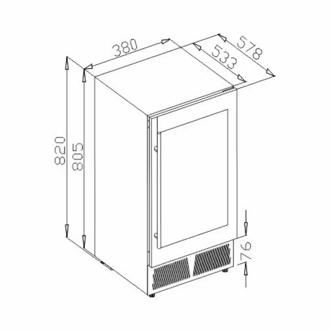Dimensões da adega de vinhos Debacco 31 garrafas: 820mm x 533mm x 578mm, design compacto e eficiente.