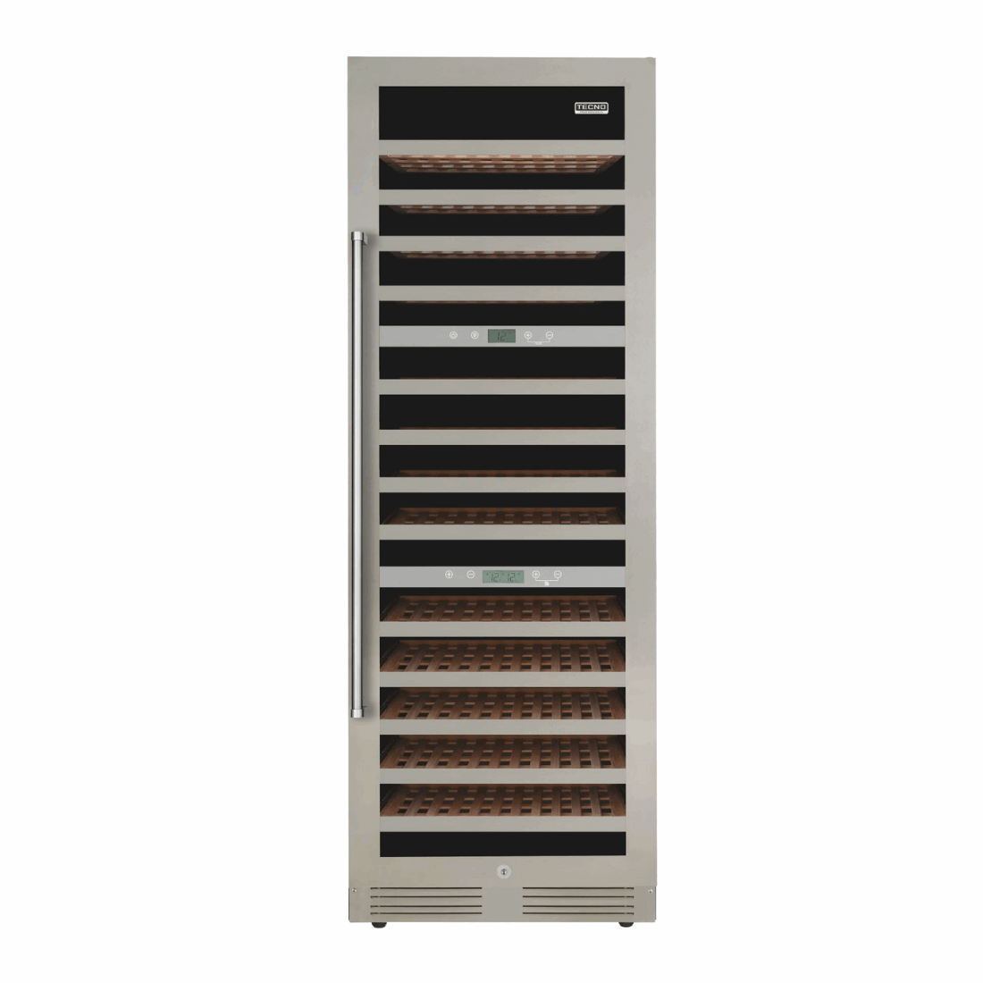 Adega Tecno Professional 141 Garrafas 3 Zonas 60cm - Abertura Direita adega climatizada inox 141 garrafas com prateleiras de madeira e puxador lateral