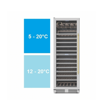 Adega de vinhos com zonas de temperatura de 5 a 20°C e 12 a 20°C, ideal para conservação de vinhos.