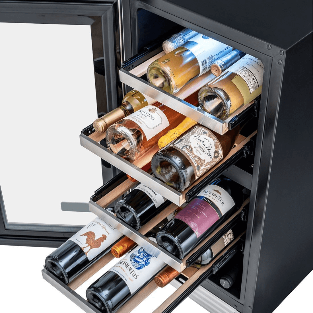 Adega de Vinhos Tecno com garrafas em prateleiras, ideal para tinto, branco e espumantes, acabamento elegante.