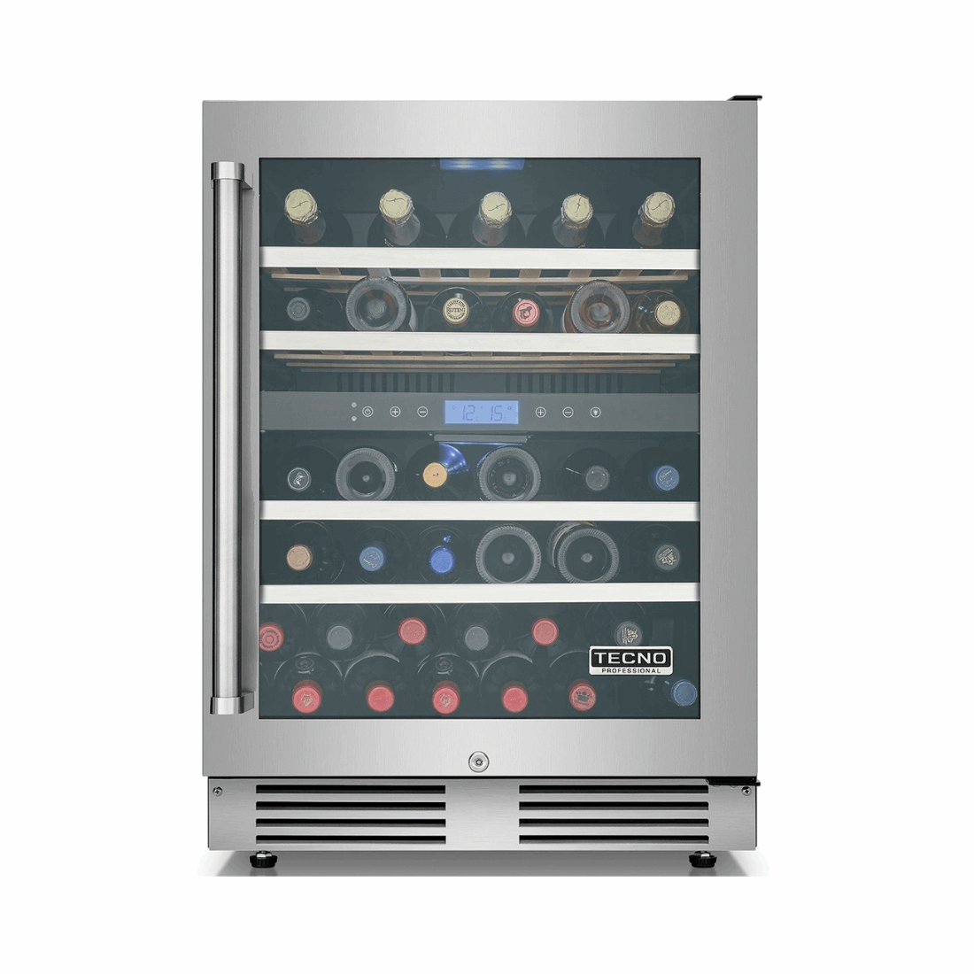 Adega Tecno Professional 43 Garrafas Inox 60cm - Abertura Direita: adega climatizada inox 43 garrafas com porta de vidro, prateleiras e painel digital