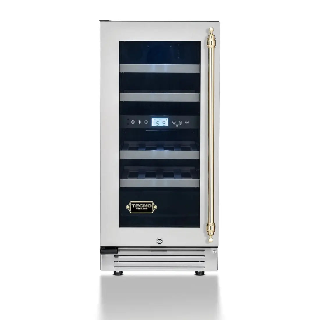 Adega Tecno Vintage para 23 garrafas com porta de vidro e controle de temperatura dual zone.