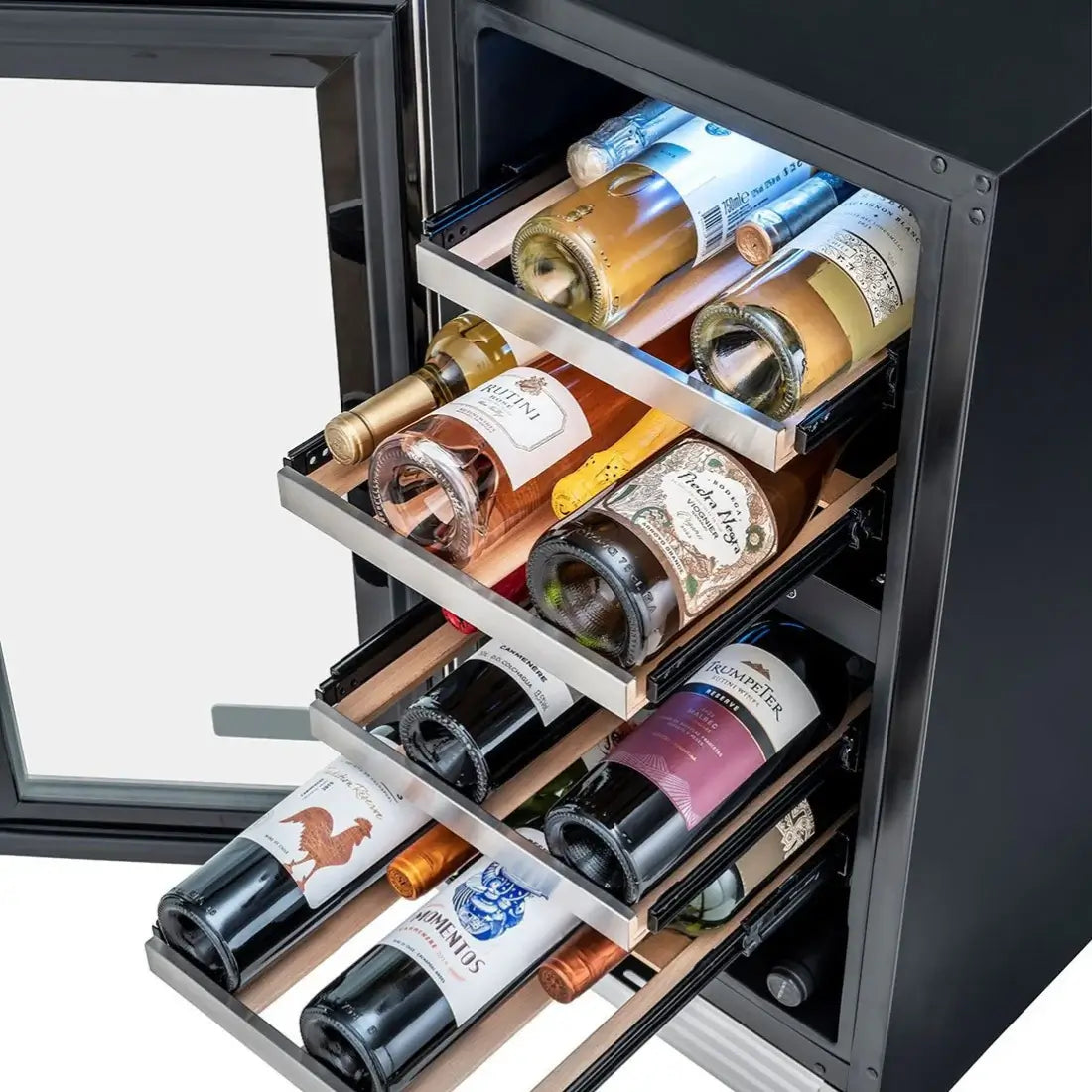 Adega Tecno Vintage com 23 garrafas, duas zonas de temperatura para vinhos tintos, brancos e espumantes.