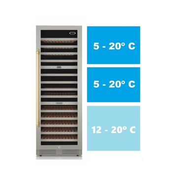 Adega de vinhos com temperaturas ajustáveis de 5 a 20 °C e 12 a 20 °C para diferentes tipos de vinho.