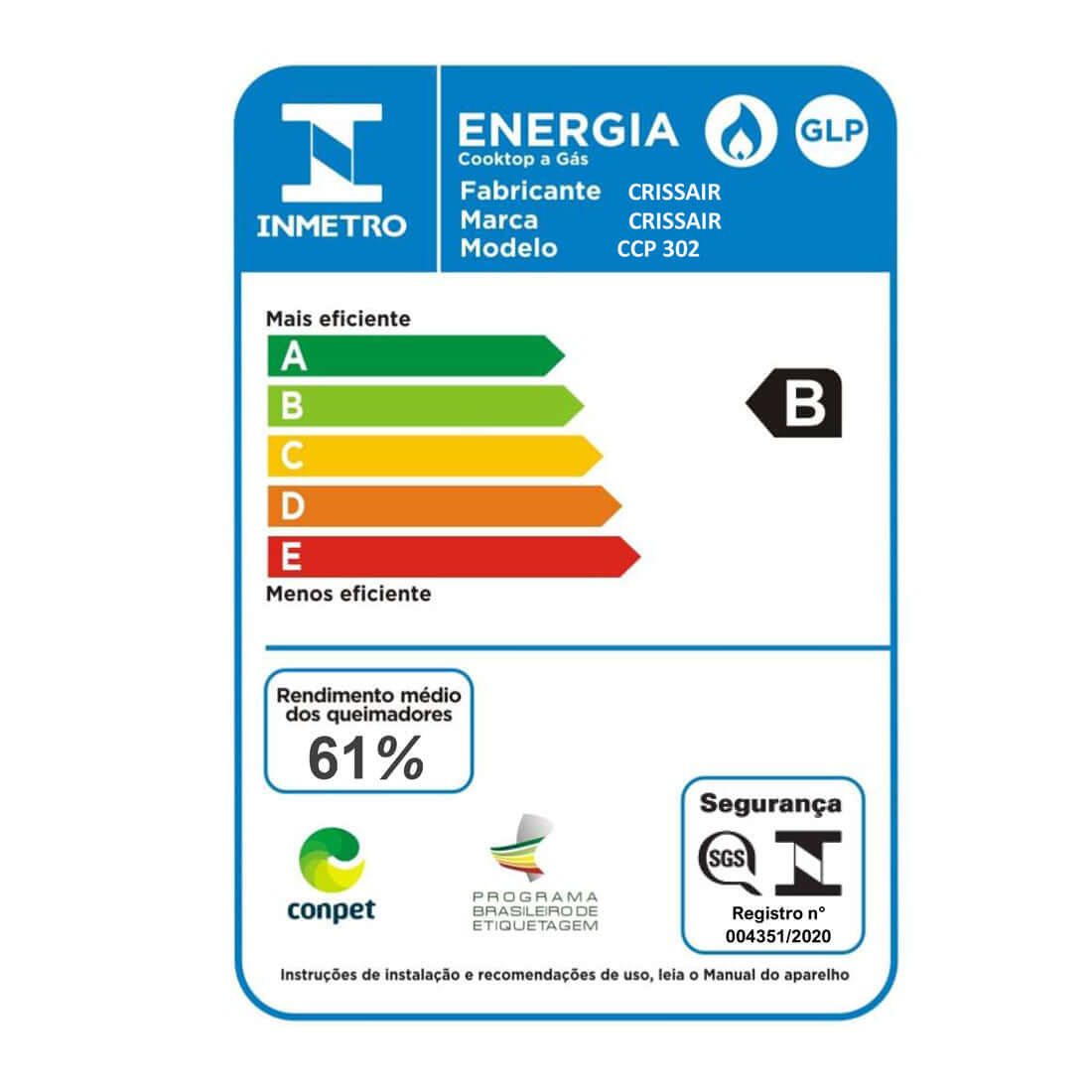 Etiqueta de eficiência energética do Cooktop Dominó a Gás CrissAir 2 Bocas 30cm, mostrando classificação B e rendimento de 61%.