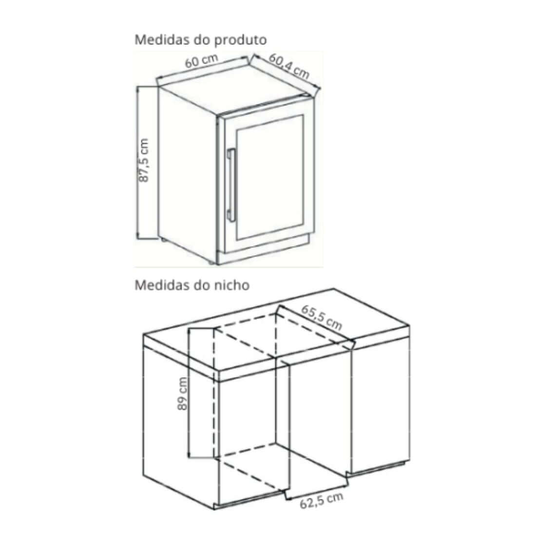 Cervejeira Cuisinart Arkton Inox 60cm - Abertura Esquerda: desenho técnico com medidas do produto e do nicho para embutir, porta de vidro e inox