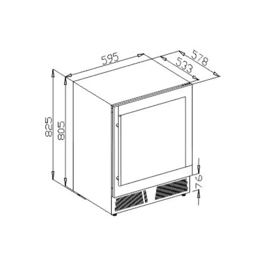 Cervejeira Debacco 145 Litros Inox 60cm - Abertura Esquerda: desenho técnico de cervejeira de embutir inox com porta de vidro e medidas frontais