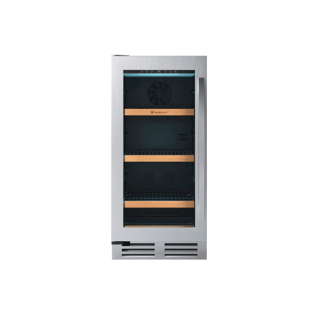 Cervejeira Debacco 85 Litros Inox 38cm - Abertura Esquerda com acabamento inox, porta de vidro duplo, prateleiras aramadas e detalhes em madeira
