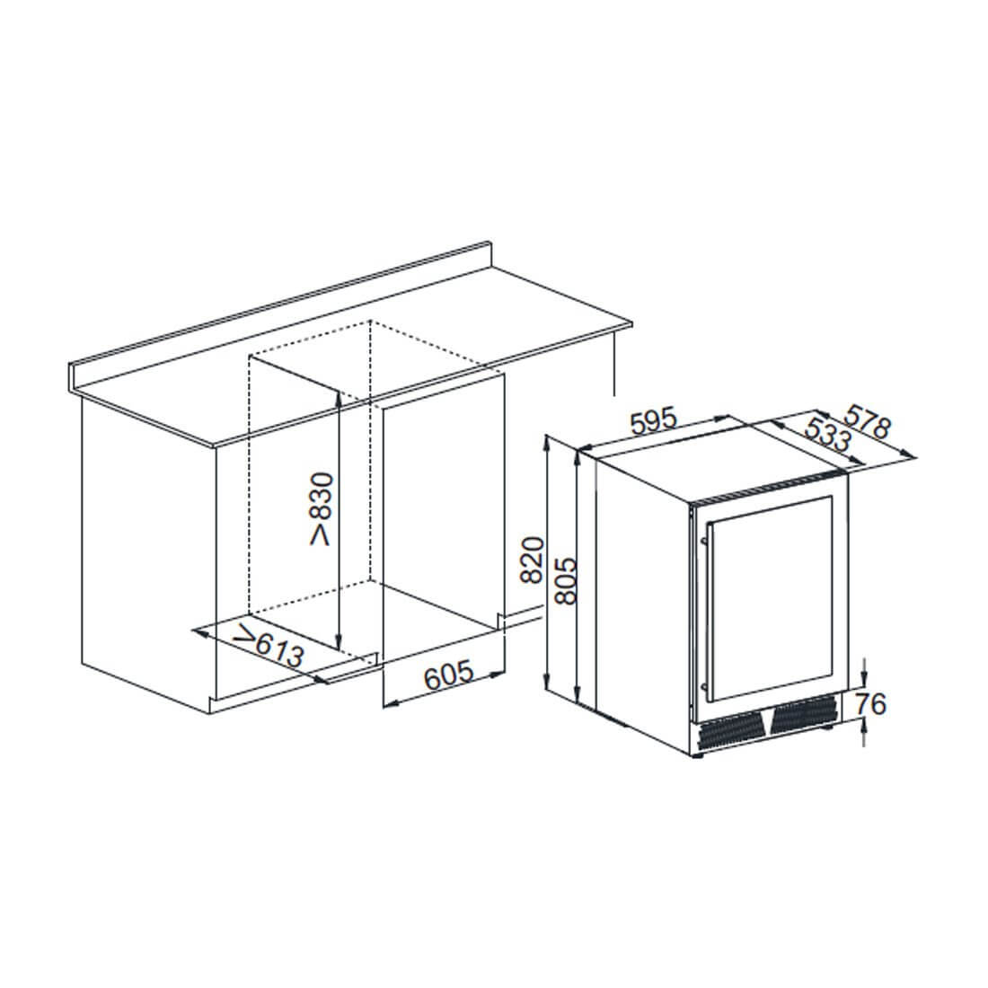 Cervejeira Evol Smart 135 Litros Inox 60cm - Abertura Esquerda mostrando medidas de embutir, porta de vidro e acabamento inox em montagem sob bancada