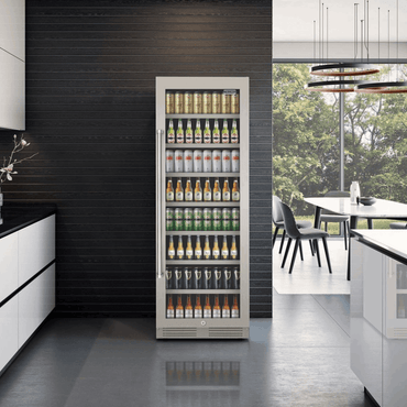 Cervejeira Tecno Professional 433 Litros Inox 60cm - Abertura Direita: beer center inox com porta de vidro, prateleiras e iluminação interna