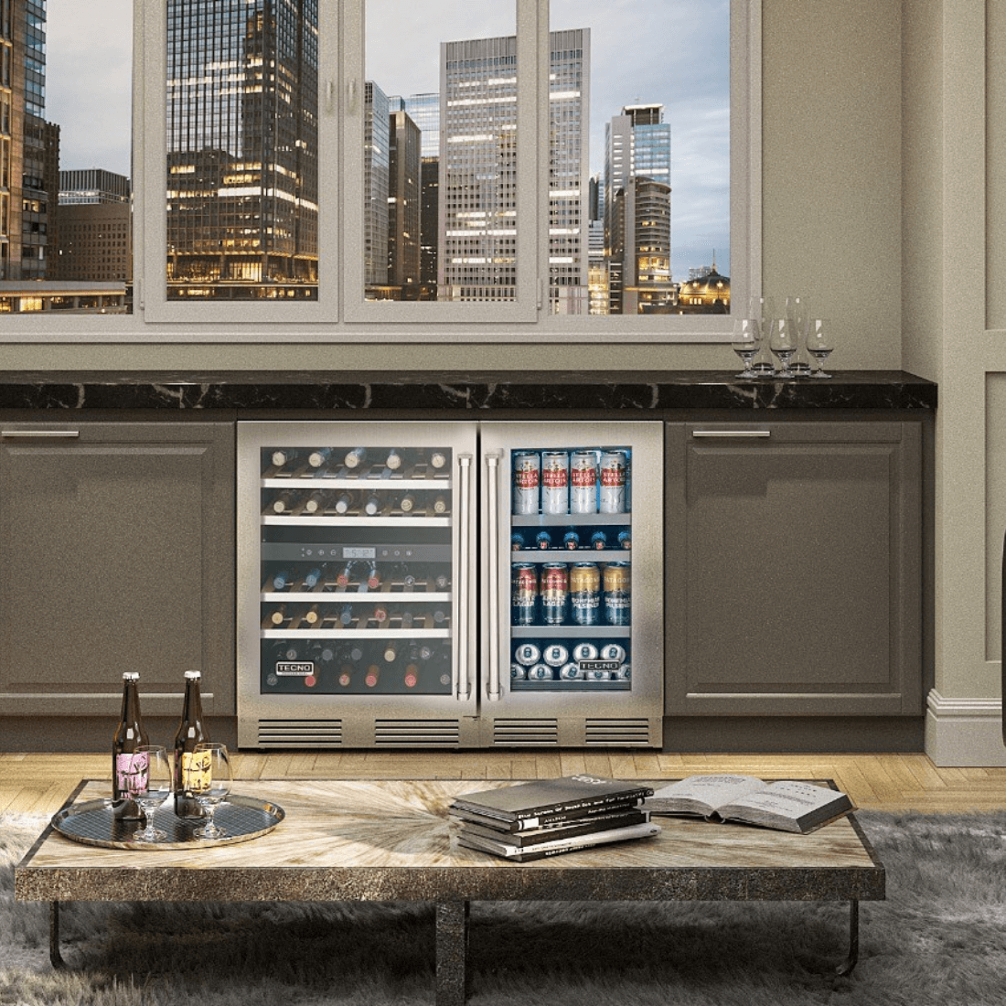 Cervejeira Tecno Professional 80 Litros Inox 38cm - Abertura Direita: beer center de embutir com porta de vidro dupla, acabamento inox e prateleiras ajustáveis