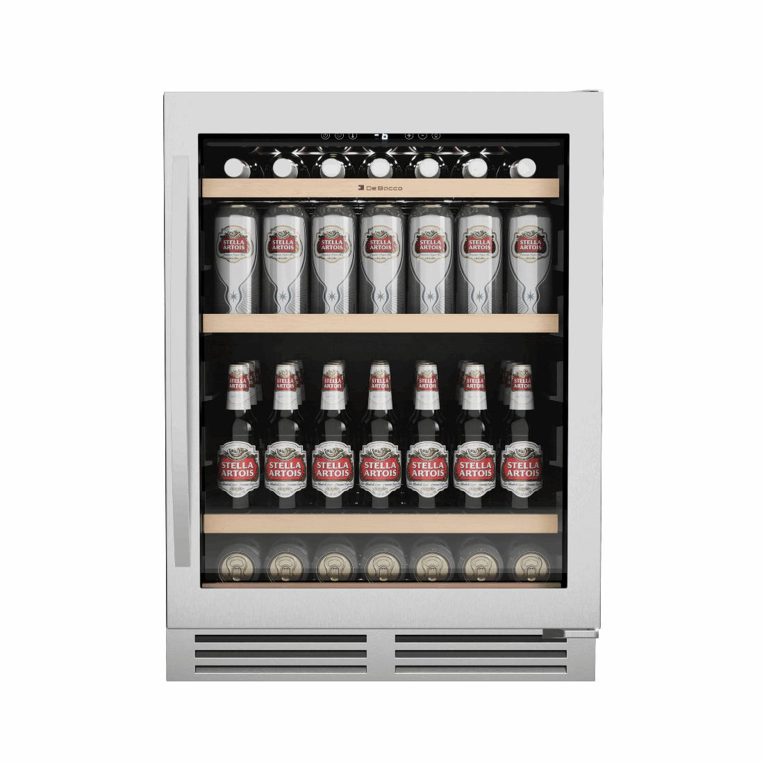 Cervejeira Debacco 145 Litros Inox 60cm - Abertura Direita: cervejeira inox com porta de vidro duplo, prateleiras em madeira, iluminação interna e design embutir