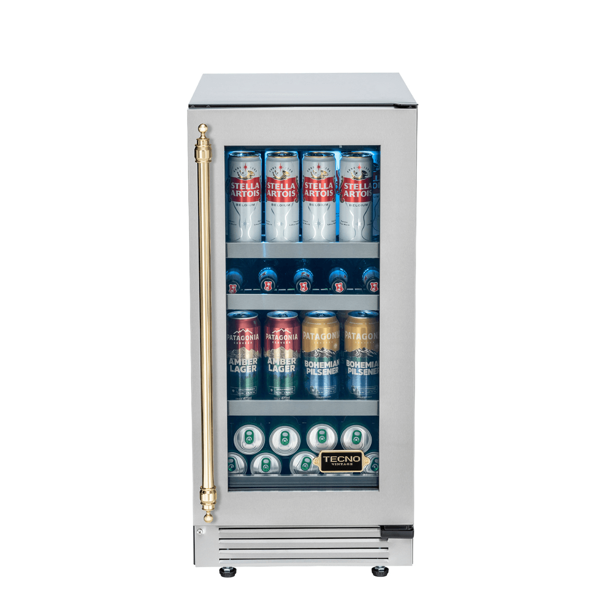 Cervejeira Tecno Vintage inox de embutir, capacidade para 61 latas, com prateleiras reguláveis.