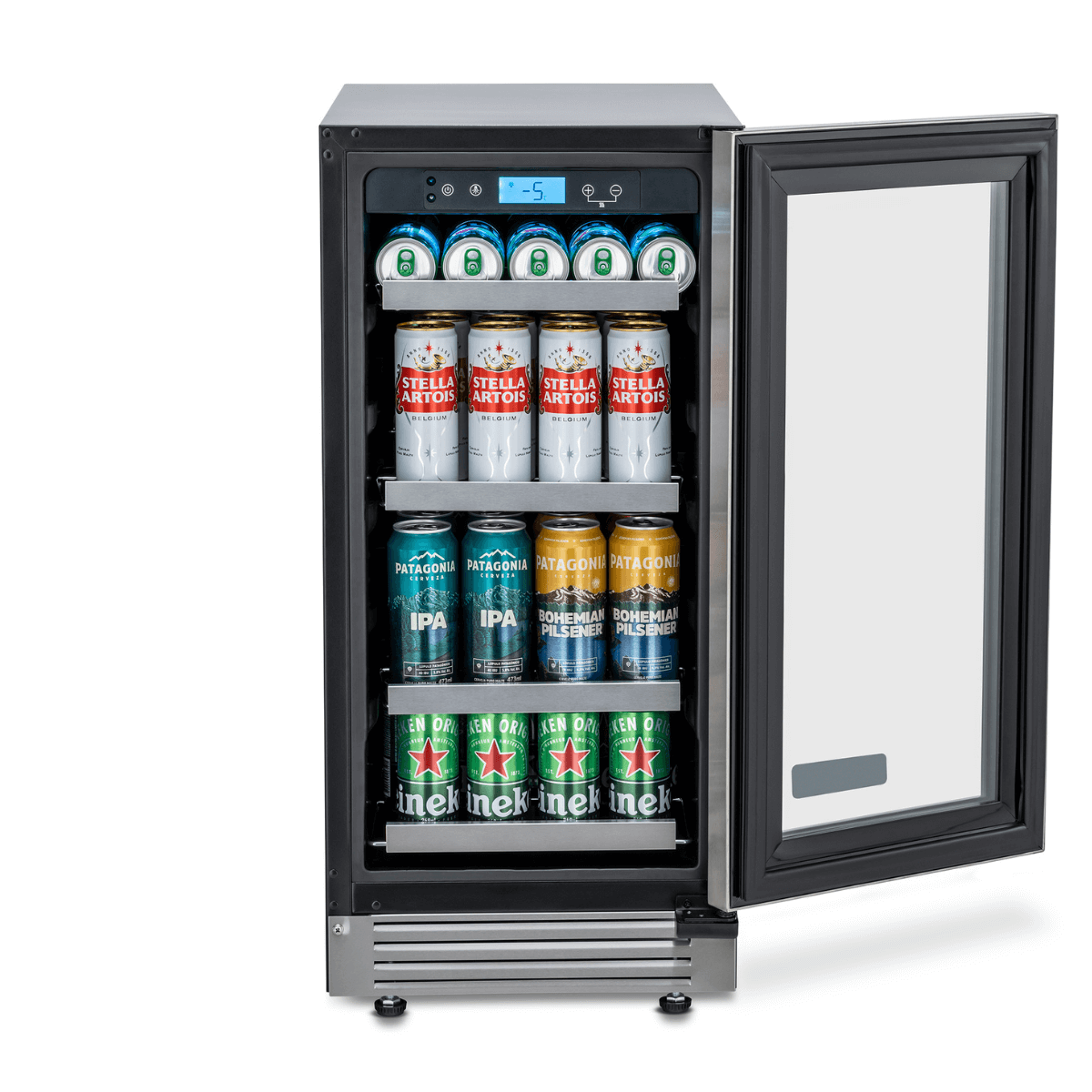Cervejeira Tecno Vintage inox embutir com latas de cerveja a -5 ºC, ideal para conservação de bebidas.