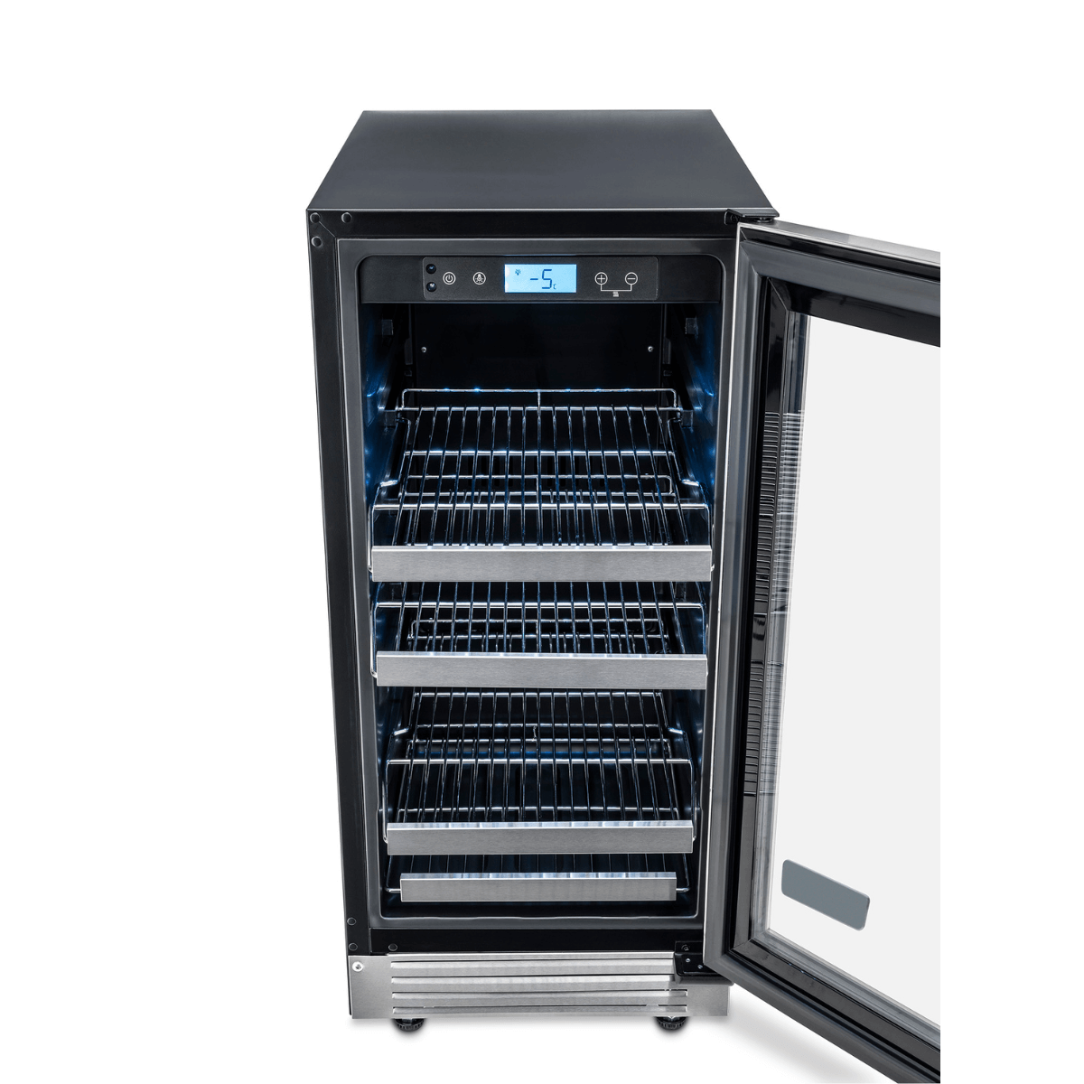 Cervejeira Tecno Vintage 80L embutir inox com prateleiras reguláveis e display digital, temperatura -5 a 10 ºC.