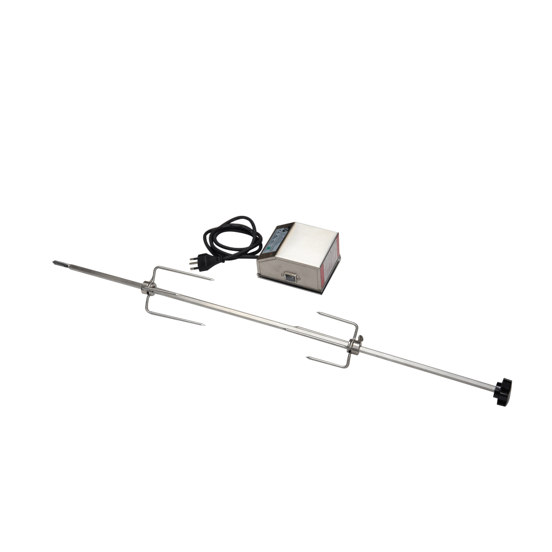 Conjunto de espeto rotisserie em aço inox com motor elétrico, ideal para grelhar carnes uniformemente.