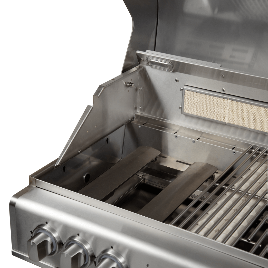 Interior view of the Cuisinart Arkton Gas Grill with stainless steel finish and cooking grates.