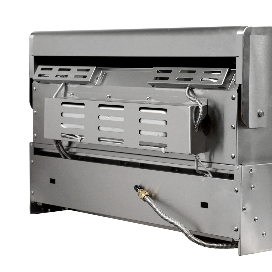 Cuisinart Arkton gas grill showing stainless steel construction and rear panel features.