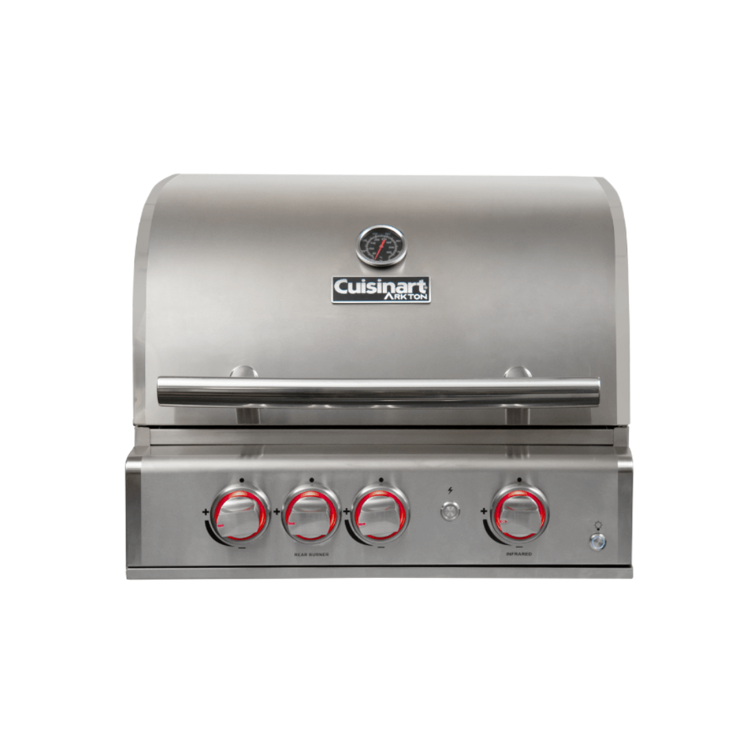 Churrasqueira Cuisinart Arkton a Gás 2 Queimadores e Sear Zone 64cm em inox escovado, embutir, tampa com termômetro e botões iluminados