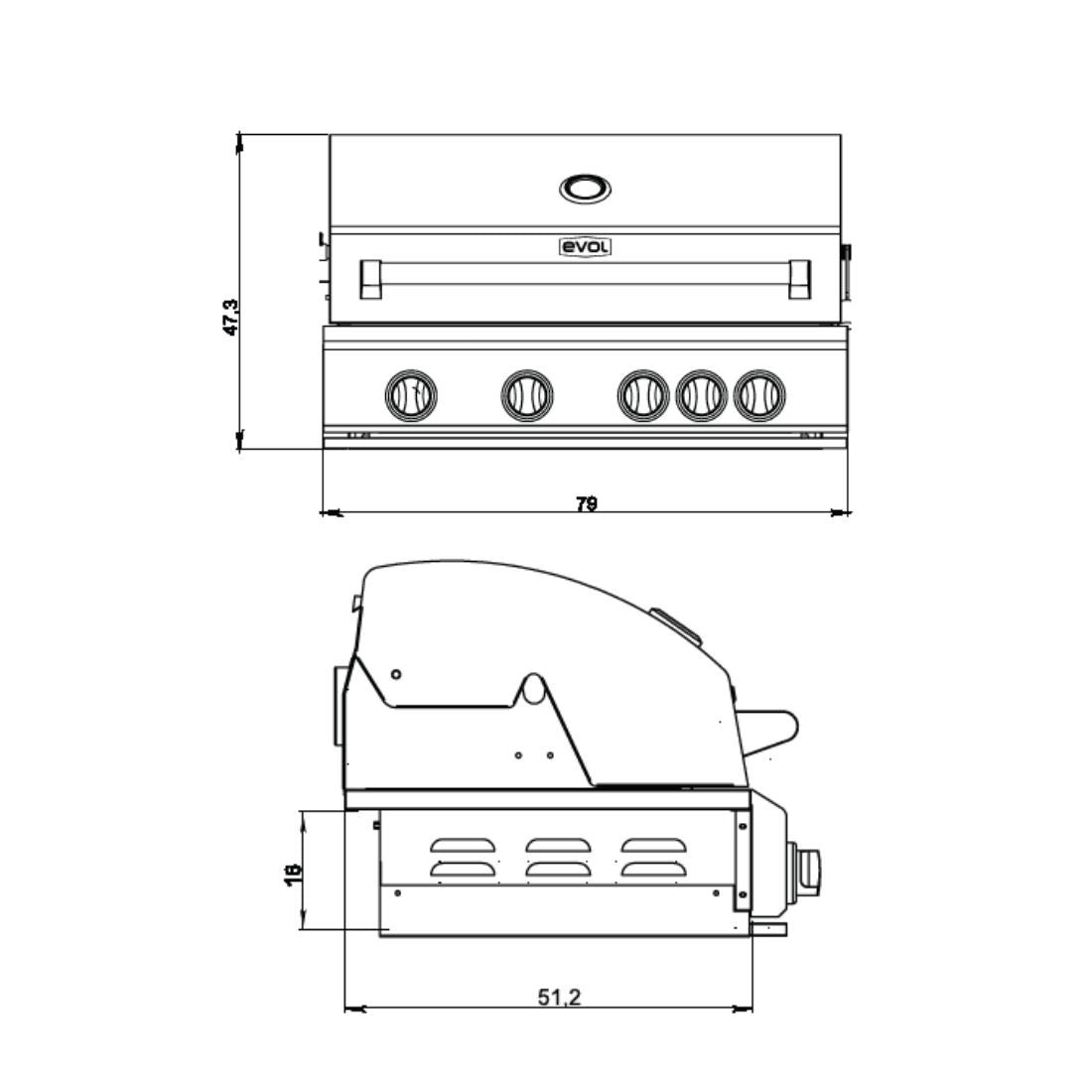 Churrasqueira a Gás Evol Florence 4 Queimadores Inox 79cm desenho técnico frontal e lateral, inox, tampa com puxador e 4 botões de controle