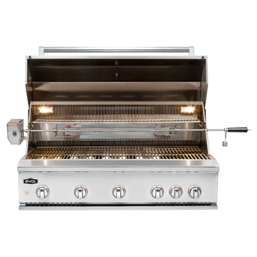 Churrasqueira Evol Modena 42" 4 queimadores e 2 infrared 107cm em inox com espeto rotativo e tampa aberta