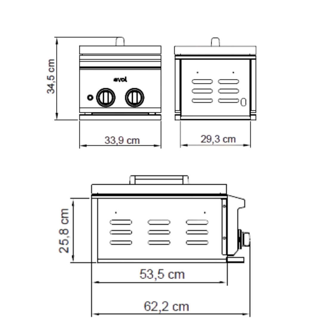Side Burner a Gás Evol 2 Queimadores Tripla Chama Inox 34cm Evol side burner inox embutir com 2 controles, acabamento inox e dimensões técnicas visíveis