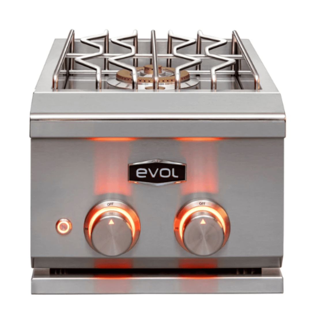 Side Burner Evol a Gás 2 Queimadores Tripla Chama Inox 34cm - churrasqueira de embutir em inox escovado com grelha e botões iluminados