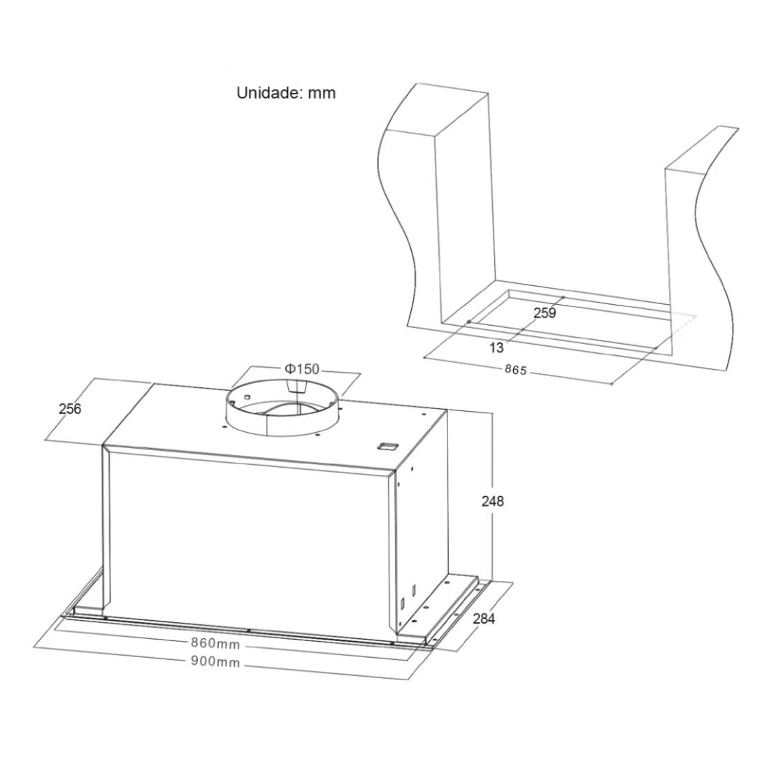 Coifa CrissAir de Embutir no Móvel Inox 90cm mostrando medidas e duto topo Ø150mm em aço inox com perfil retangular e encaixe para móvel