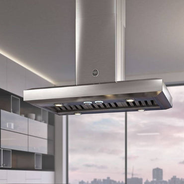 Coifa Bertazzoni Vavano de Ilha Inox 107cm suspensa em ilha, inox escovado retangular com iluminação LED e duto visível