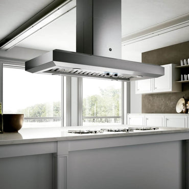 Coifa Bertazzoni Vavano de Ilha Inox 122cm suspensa em ilha, acabamento inox escovado, formato retangular, iluminação LED e duto visível
