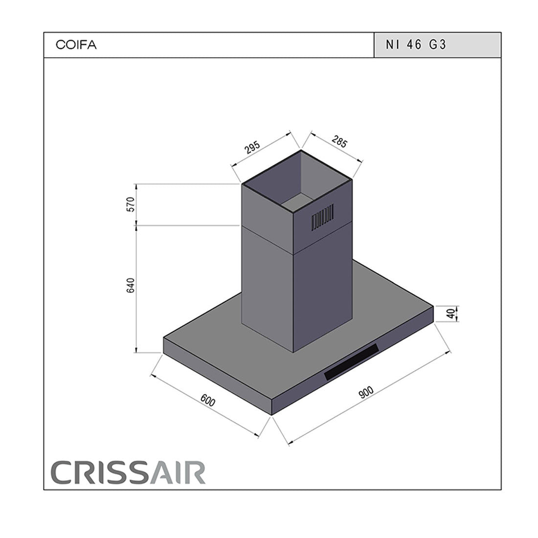 Coifa de Ilha CrissAir Slim Isola Inox 90cm em inox slim com painel touch, iluminação LED, duto retangular visível e design moderno