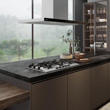 Coifa Ilha Debacco Londres Inox e Vidro Preto 90cm, coifa de ilha suspensa em inox e vidro preto, iluminação LED e painel touch